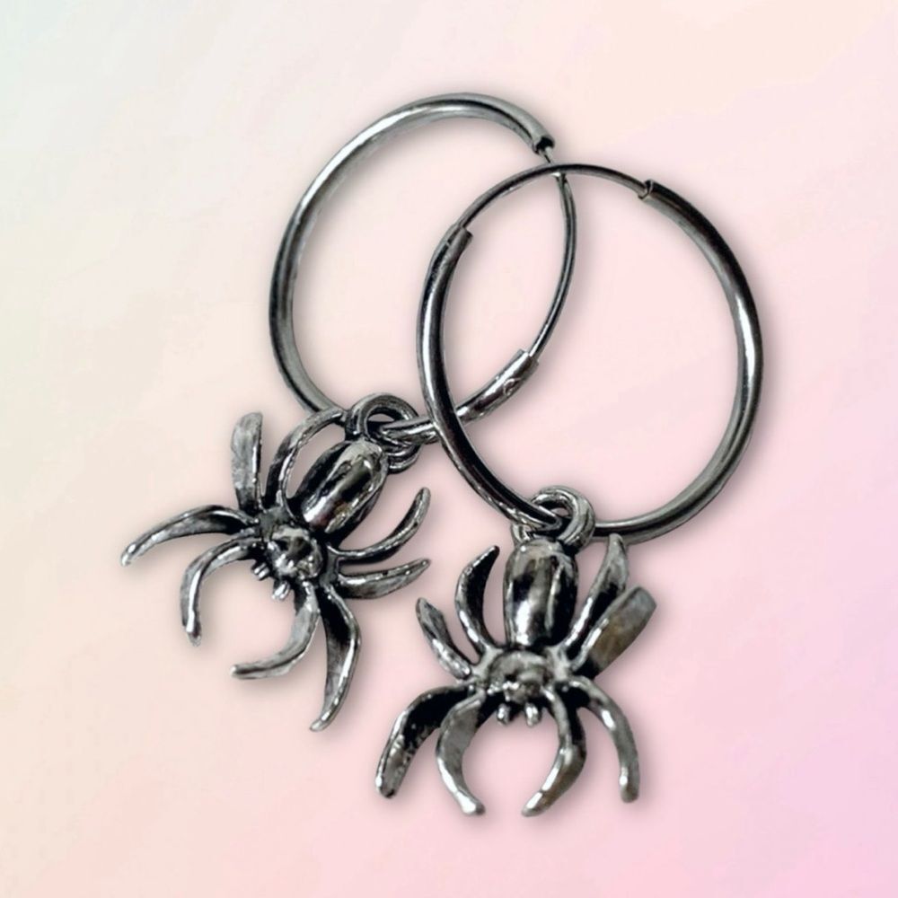 Silver Plated Spider Charm, Nickel Free, Small Hoop Earrings